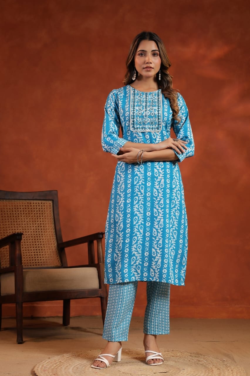 Elegant Pure Cotton Dress Set with Dupatta & Pant – Breathable & Stylish (Blue)