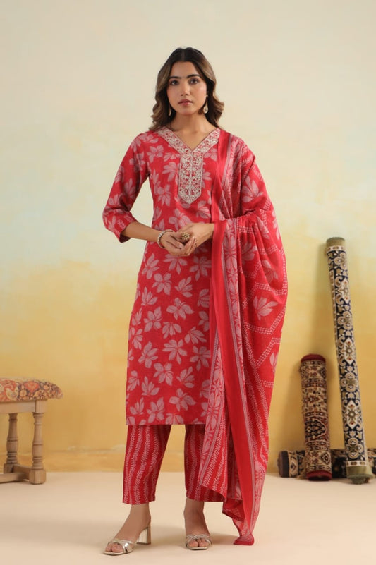 Elegant Pure Cotton Dress Set with Dupatta & Pant – Breathable & Stylish (Red)