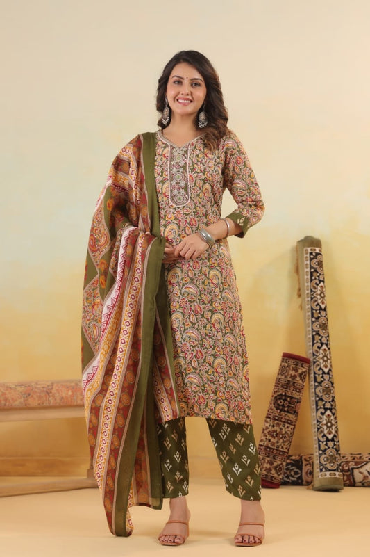 Elegant Pure Cotton Dress Set with Dupatta & Pant – Breathable & Stylish (Multi)