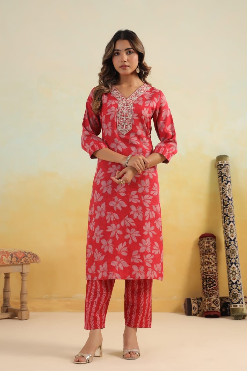 Elegant Pure Cotton Dress Set with Dupatta & Pant – Breathable & Stylish (Red)