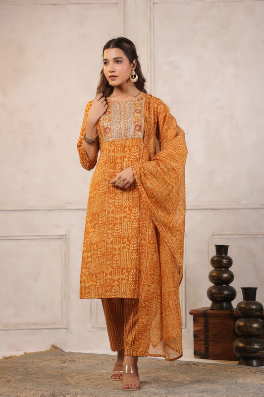 Elegant Pure Cotton Dress Set with Dupatta & Pant – Breathable & Stylish (Orange)
