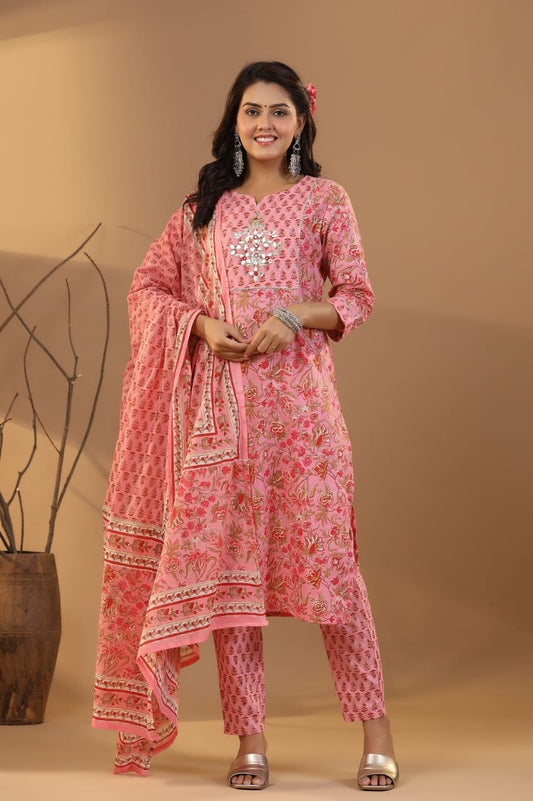 Elegant Pure Cotton Dress Set with Dupatta & Pant – Breathable & Stylish (Pink)