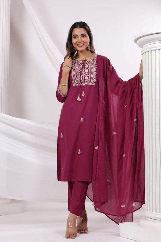 Elegant Pure Cotton Dress Set with Dupatta & Pant – Breathable & Stylish (Red)