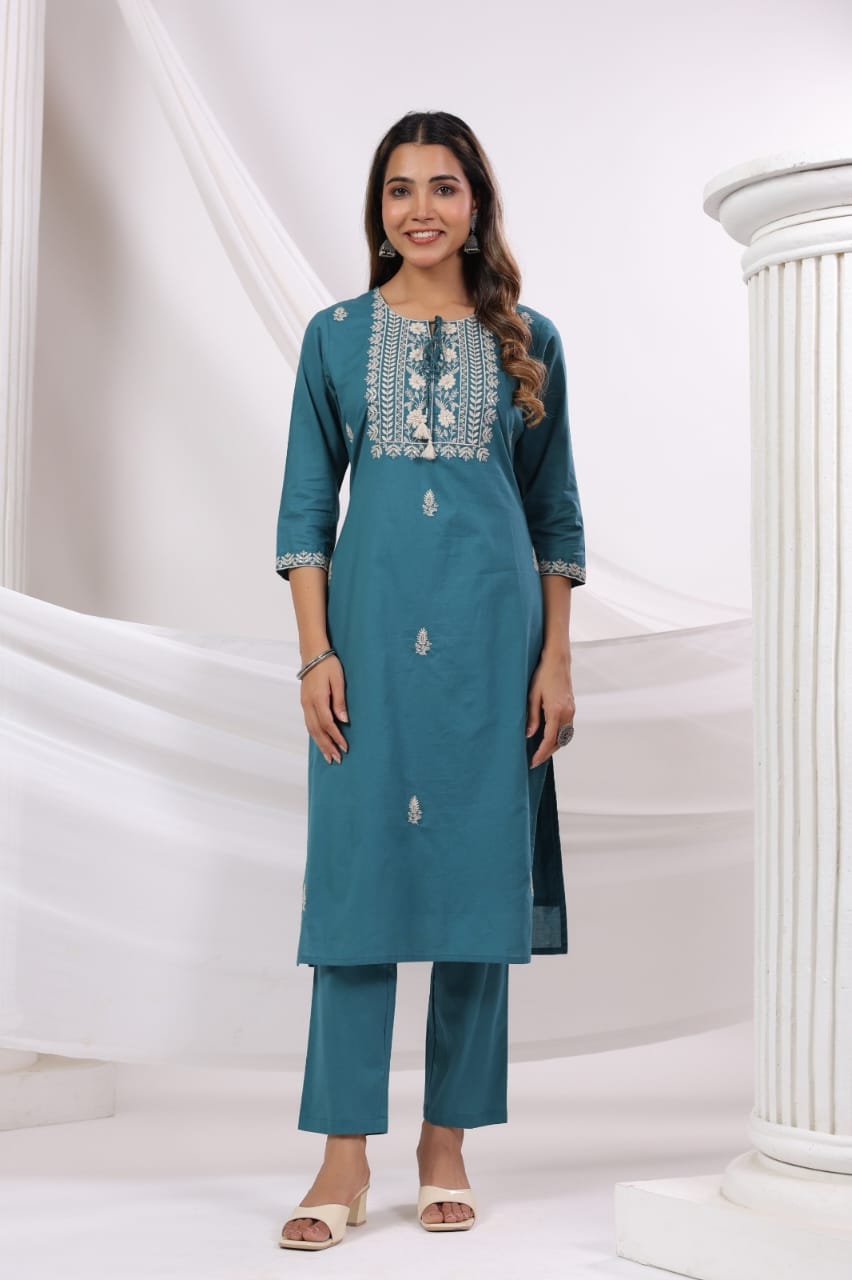 Elegant Pure Cotton Dress Set with Dupatta & Pant – Breathable & Stylish (Blue)