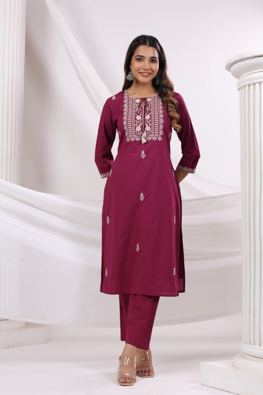 Elegant Pure Cotton Dress Set with Dupatta & Pant – Breathable & Stylish (Red)