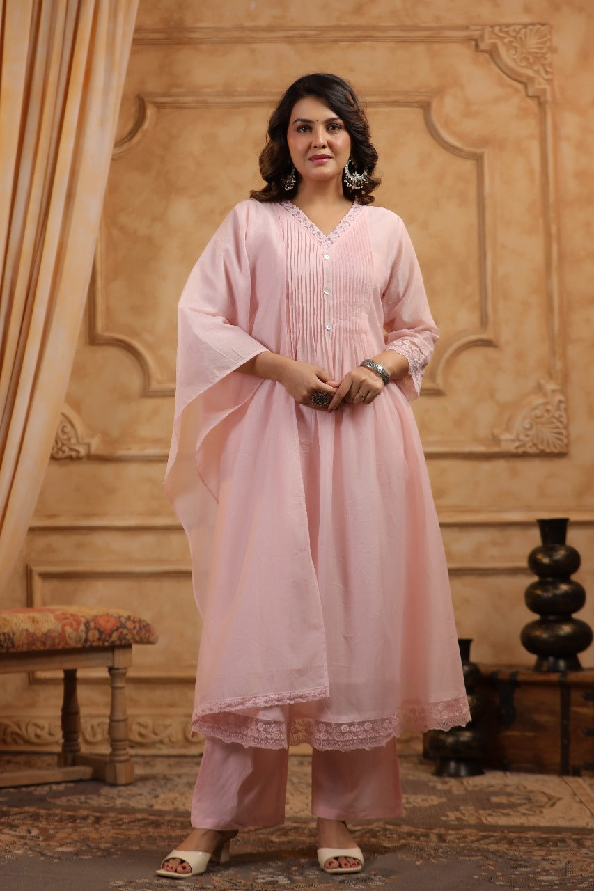 Elegant Pure Cotton Anarkali Dress Set with Dupatta & Pant Pink