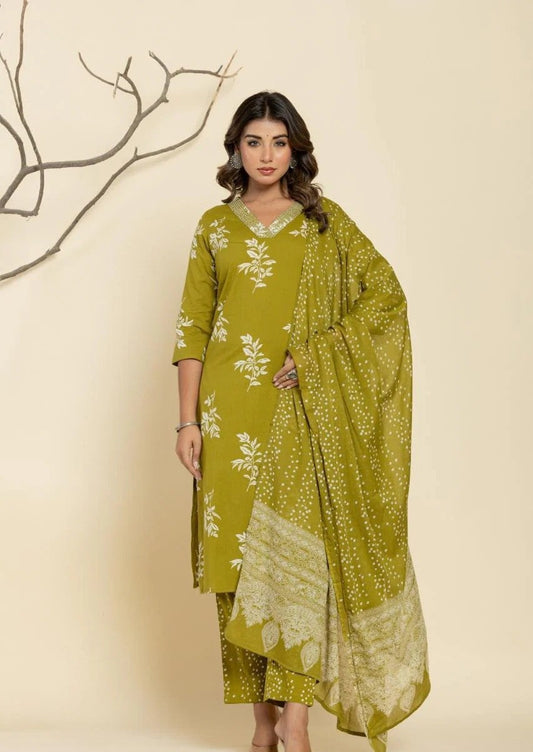 Elegant Pure Cotton Dress Set with Dupatta & Pant – Breathable & Stylish (Green)