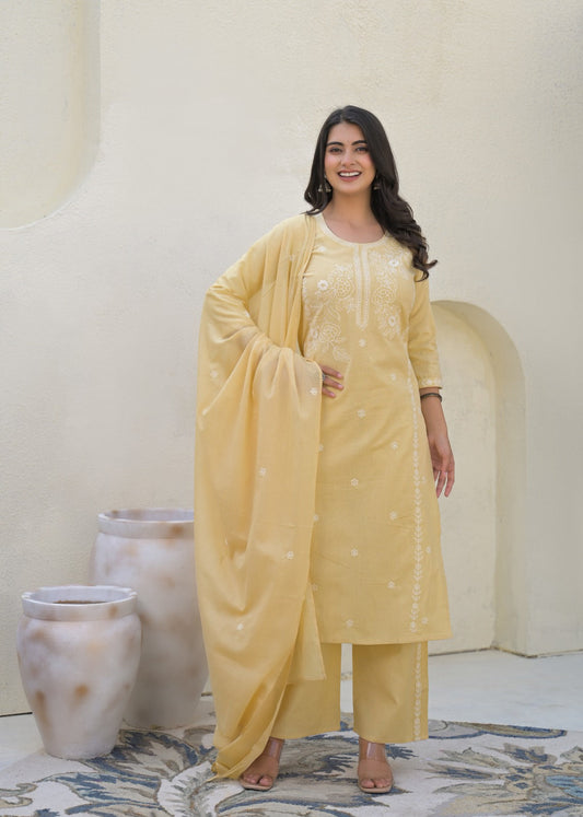 Elegant Pure Cotton Dress Set with Dupatta & Palazzo – Breathable & Stylish Yellow