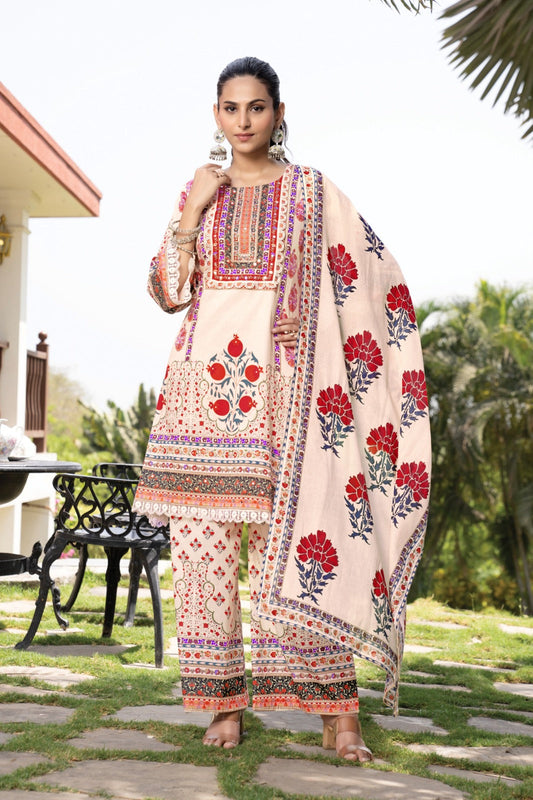 Elegant Pure Cotton Dress Set with Dupatta & Palazzo – Breathable & Stylish Multi