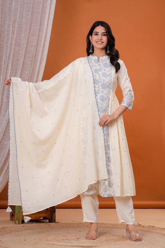 Elegant Pure Cotton Anarkali Dress Set with Dupatta & Pant White