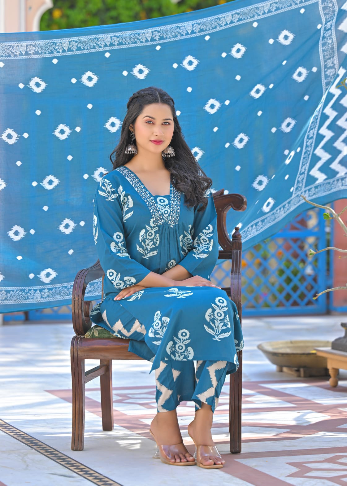 Elegant Pure Cotton Anarkali Dress Set with Dupatta & Pant Blue