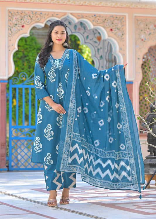 Elegant Pure Cotton Anarkali Dress Set with Dupatta & Pant Blue
