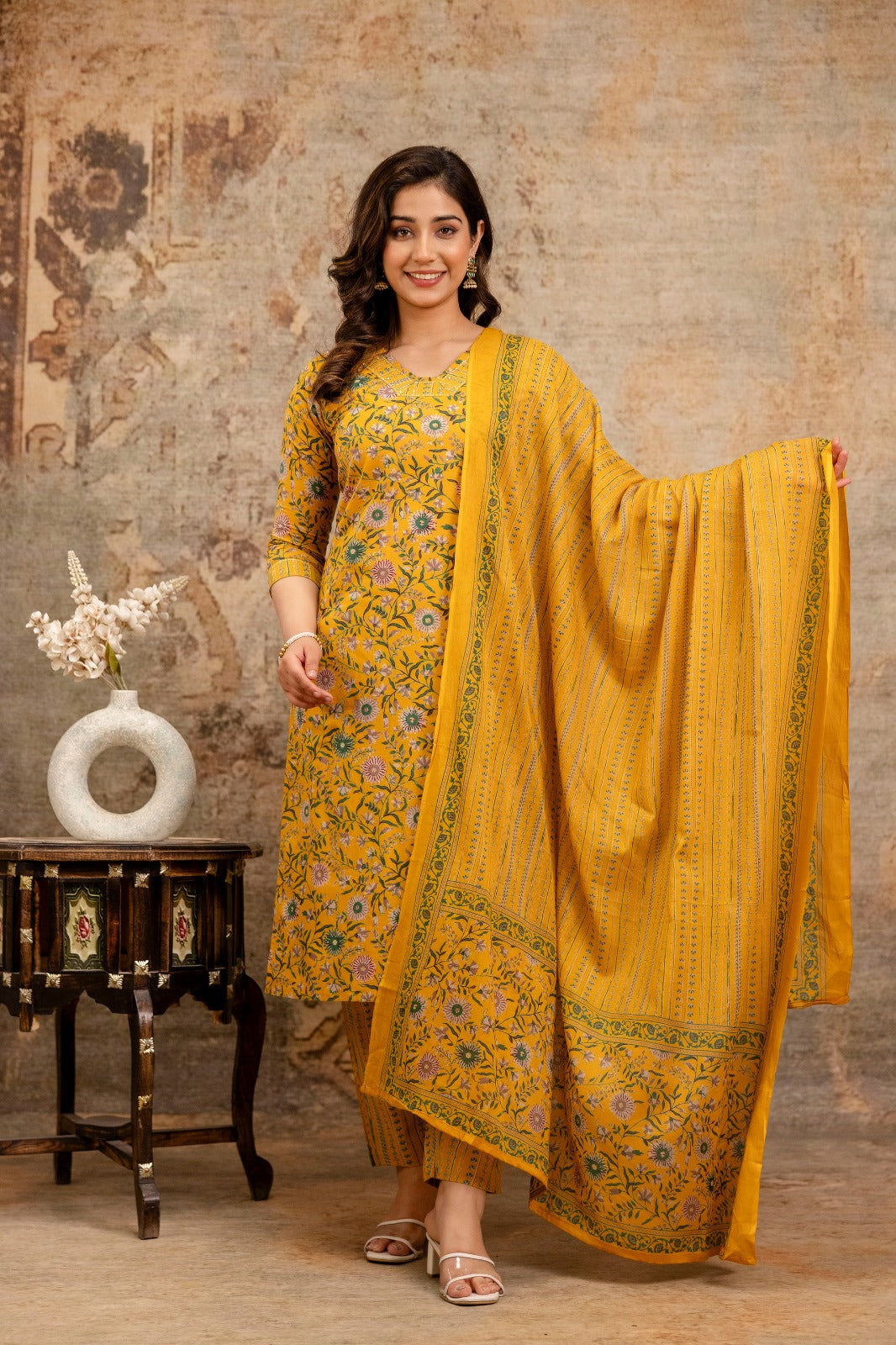 Elegant Pure Cotton Dress with Matching Dupatta – Breathable & Stylish Yellow