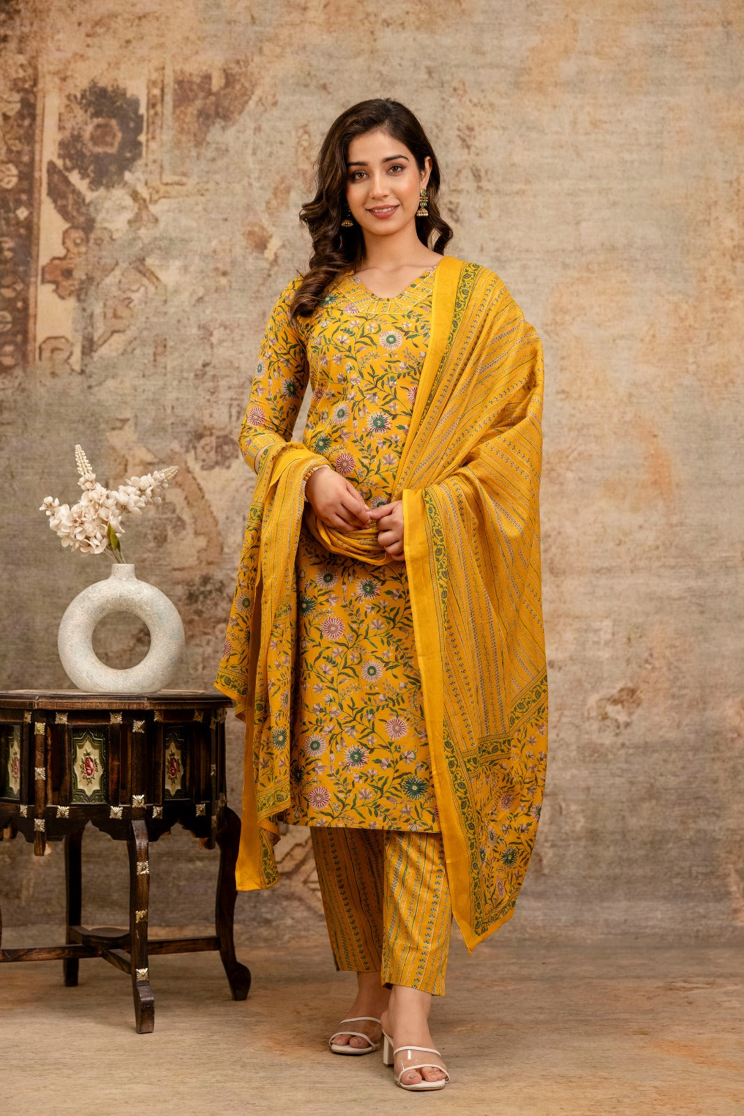 Elegant Pure Cotton Dress with Matching Dupatta – Breathable & Stylish Yellow