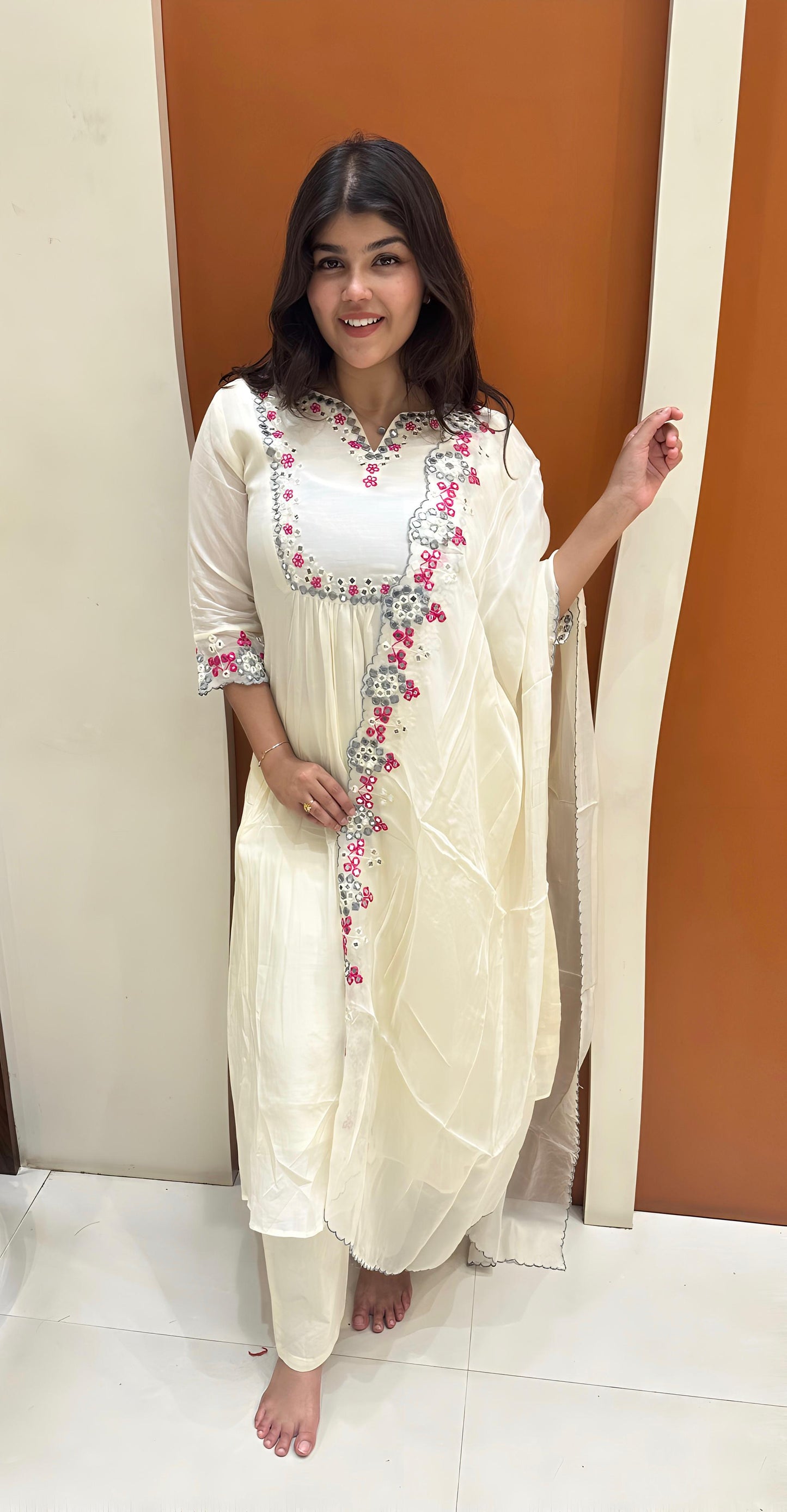 Graceful Mul Chanderi Handwork Dress (White)