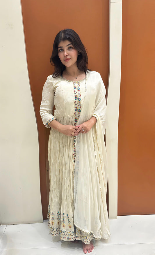 Elegant Tissue Fabric Dress with Hand Embroidered Details (White)