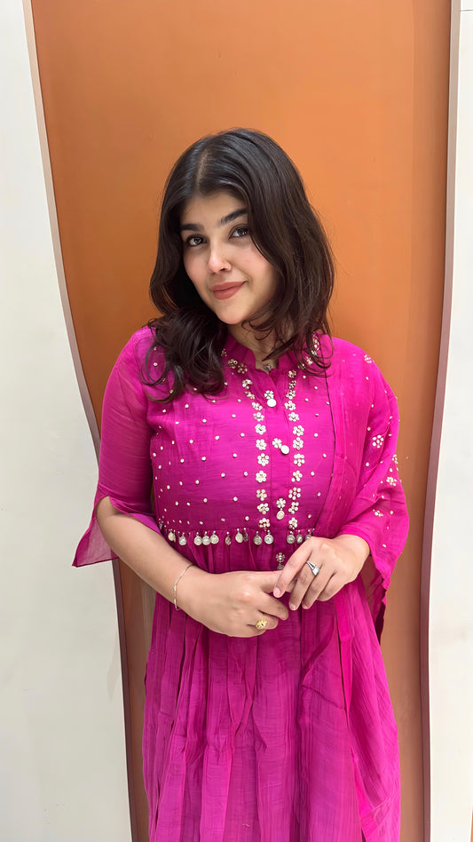 Graceful Mul Chanderi Handwork Dress (Pink)