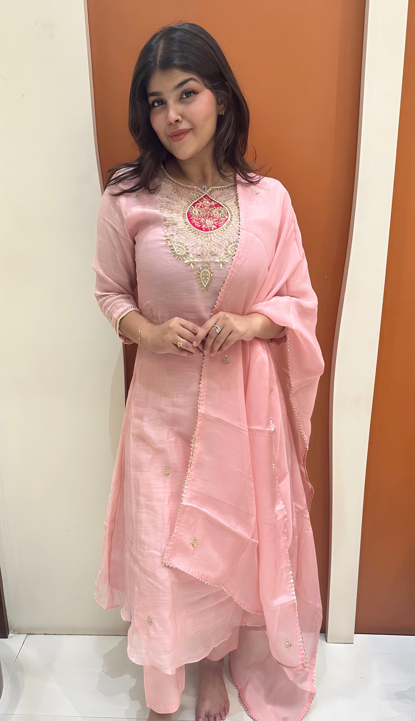 Timeless Pure Dola Silk Dress with Embroidered Accents (Pink)