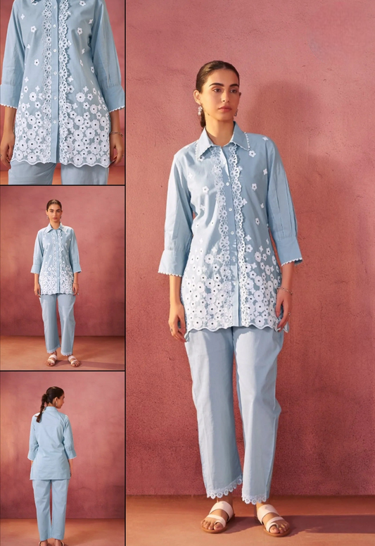 Elegant Pure Mul Cotton Co-ord Set – Breathable, Soft & Stylish (Sky Blue)
