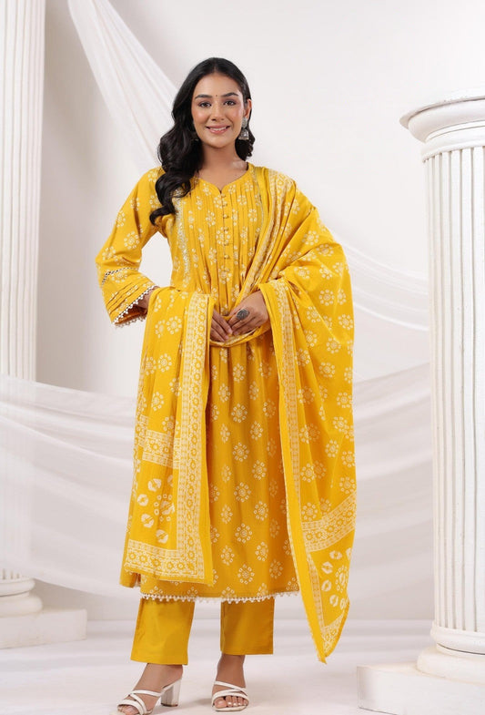 Elegant Pure Cotton Dress with Matching Dupatta Yellow